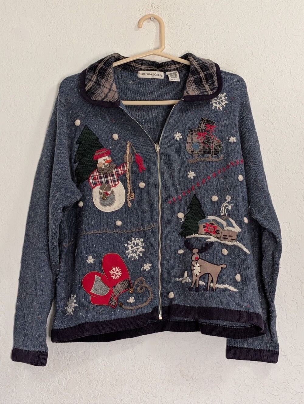 Victoria Jones angora blend L Country Christmas Sweater Cardigan Blue Full Zip